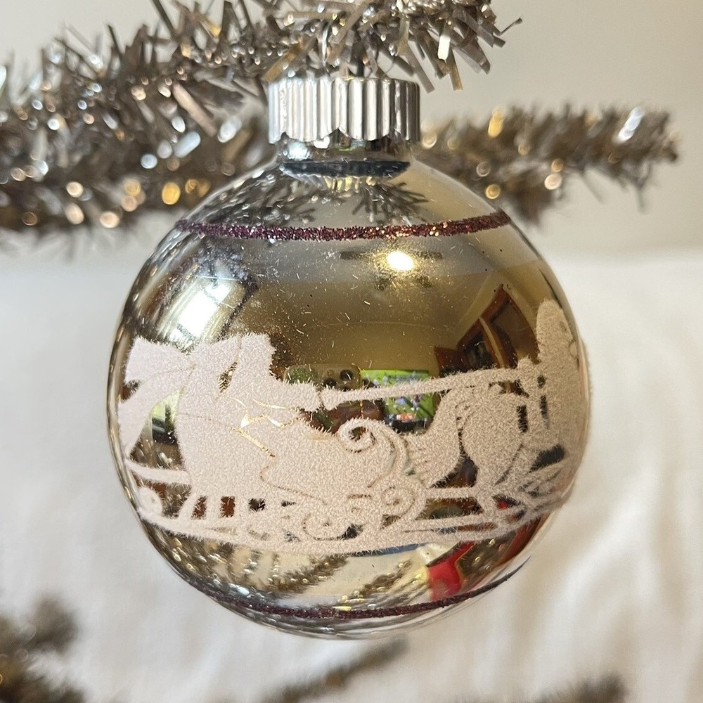 3" Radko Shiny Brite Stenciled Flocked Ornament‎ Sleigh Winter Church Red Gold